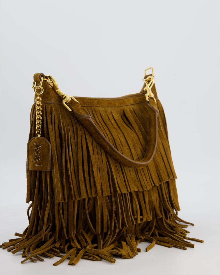Saint Laurent Tan Suede Emanuelle Fringe Shoulder Bag with Gold Hardware