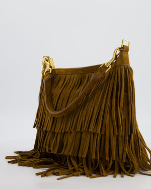 Saint Laurent Tan Suede Emanuelle Fringe Shoulder Bag with Gold Hardware