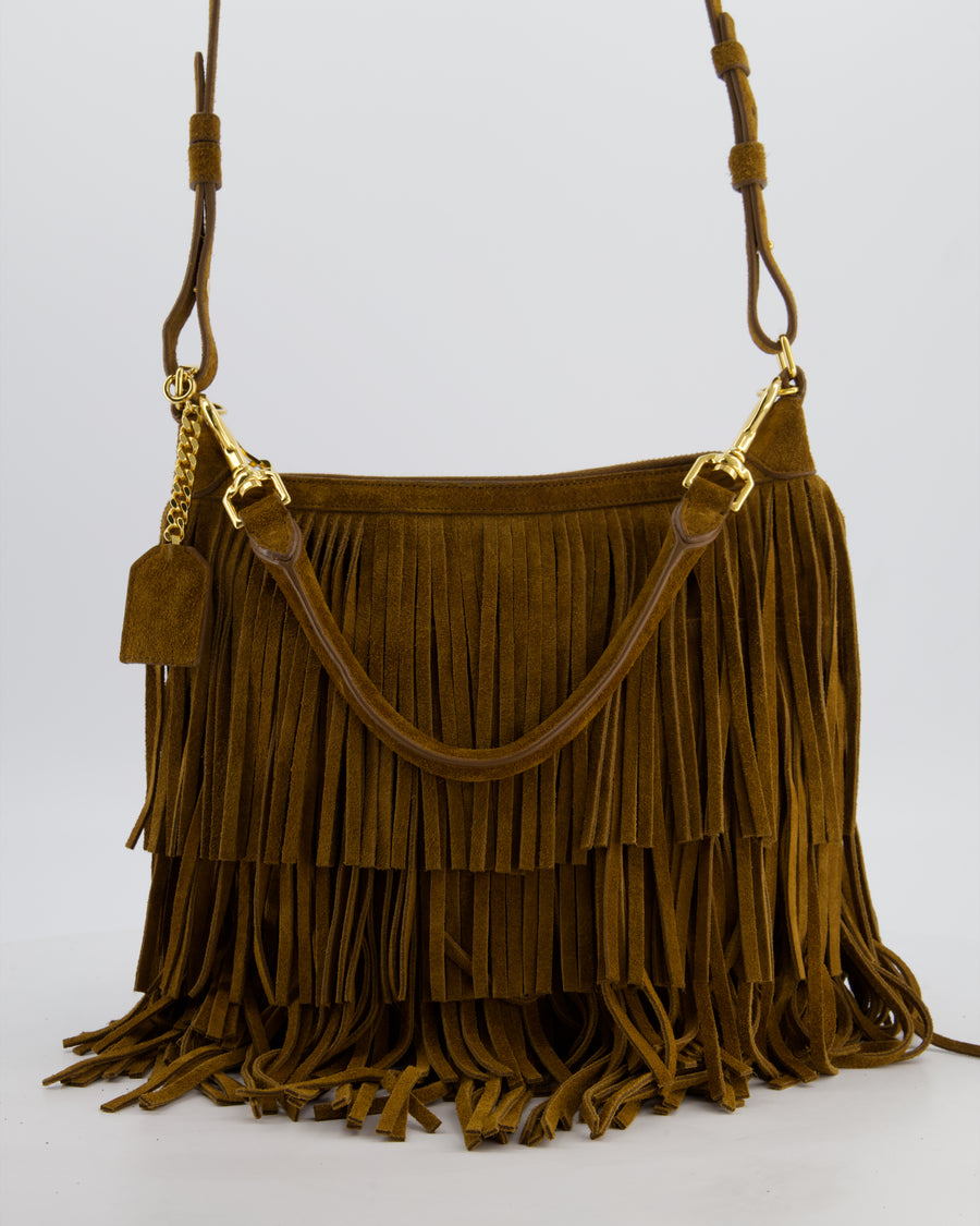 Saint Laurent Tan Suede Emanuelle Fringe Shoulder Bag with Gold Hardware
