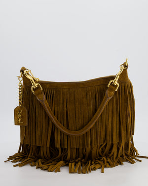 Saint Laurent Tan Suede Emanuelle Fringe Shoulder Bag with Gold Hardware