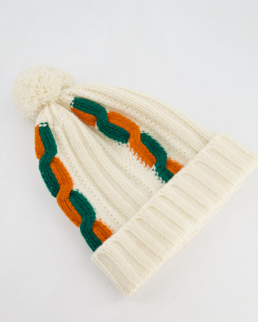 Gucci Cream Knitted Pom Pom Beanie Hat Size M