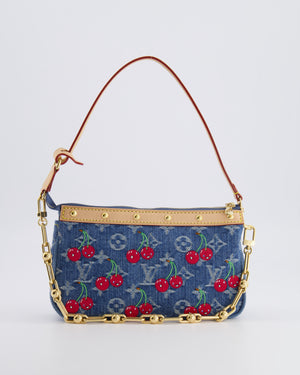 *RARE* Louis Vuiton X Takashi Murakami 2025 Cherry Denim Monogram Pochette Bag with Gold Hardware