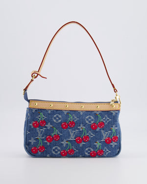 *RARE* Louis Vuiton X Takashi Murakami 2025 Cherry Denim Monogram Pochette Bag with Gold Hardware