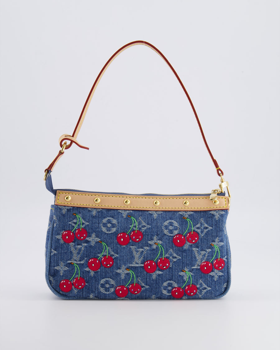 *RARE* Louis Vuiton X Takashi Murakami 2025 Cherry Denim Monogram Pochette Bag with Gold Hardware