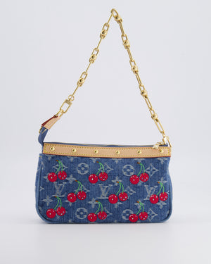 *RARE* Louis Vuiton X Takashi Murakami 2025 Cherry Denim Monogram Pochette Bag with Gold Hardware