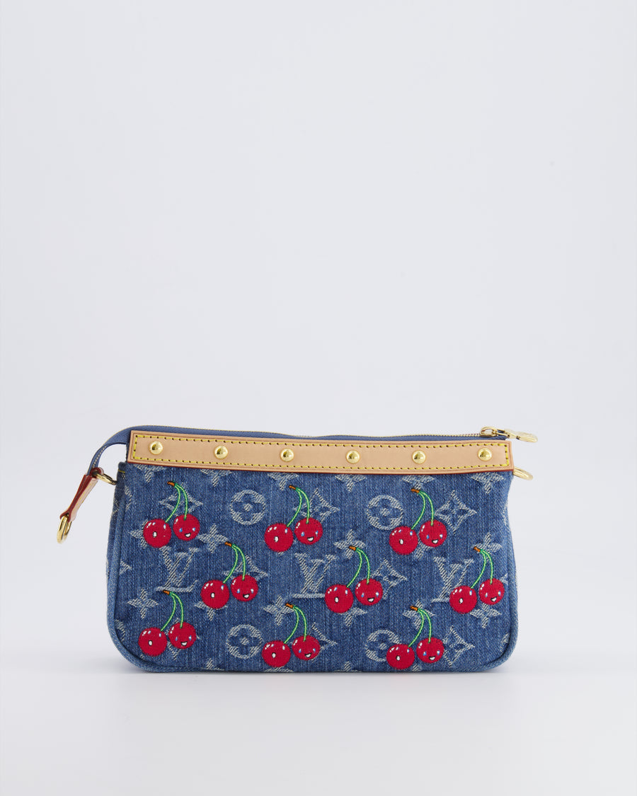 *RARE* Louis Vuiton X Takashi Murakami 2025 Cherry Denim Monogram Pochette Bag with Gold Hardware