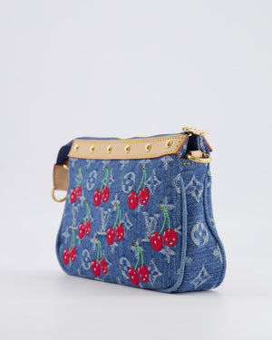 *RARE* Louis Vuiton X Takashi Murakami 2025 Cherry Denim Monogram Pochette Bag with Gold Hardware