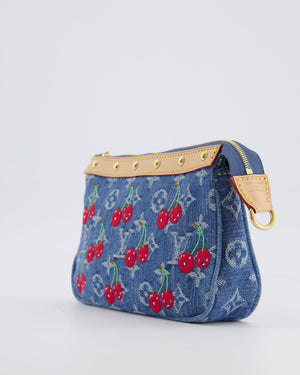 *RARE* Louis Vuiton X Takashi Murakami 2025 Cherry Denim Monogram Pochette Bag with Gold Hardware