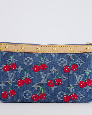 *RARE* Louis Vuiton X Takashi Murakami 2025 Cherry Denim Monogram Pochette Bag with Gold Hardware