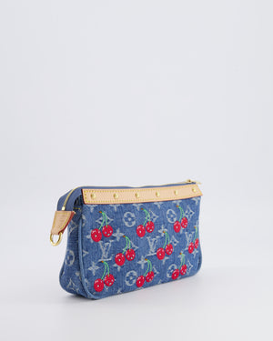 *RARE* Louis Vuiton X Takashi Murakami 2025 Cherry Denim Monogram Pochette Bag with Gold Hardware