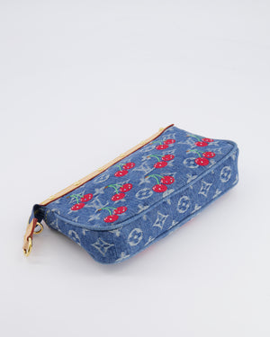 *RARE* Louis Vuiton X Takashi Murakami 2025 Cherry Denim Monogram Pochette Bag with Gold Hardware