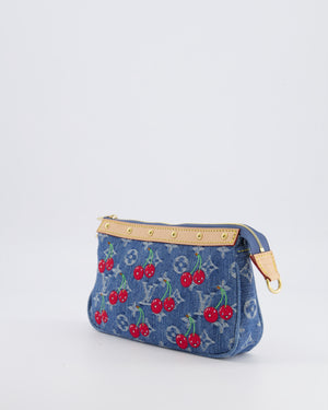 *RARE* Louis Vuiton X Takashi Murakami 2025 Cherry Denim Monogram Pochette Bag with Gold Hardware