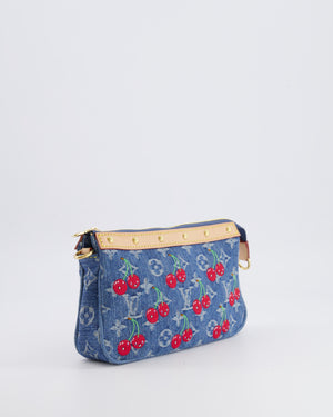 *RARE* Louis Vuiton X Takashi Murakami 2025 Cherry Denim Monogram Pochette Bag with Gold Hardware