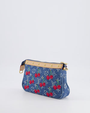 *RARE* Louis Vuiton X Takashi Murakami 2025 Cherry Denim Monogram Pochette Bag with Gold Hardware