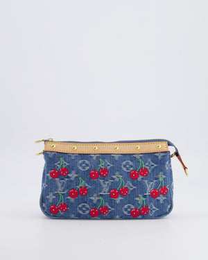 *RARE* Louis Vuiton X Takashi Murakami 2025 Cherry Denim Monogram Pochette Bag with Gold Hardware