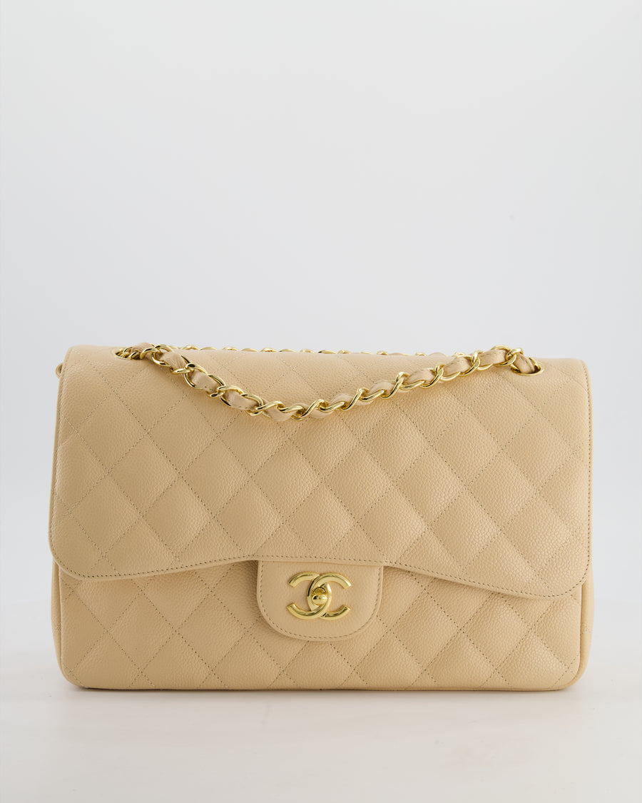 *HOT* Chanel Beige Jumbo Classic Double Flap Bag in Caviar Leather with Gold Hardware RRP £9,540