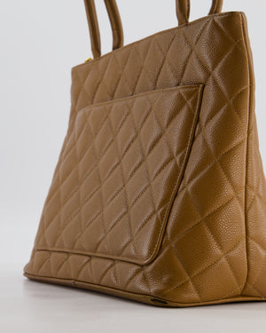 Chanel Vintage Medallion Tote in Caramel Brown Quilted Caviar Leather with Gold Hardware