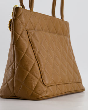 Chanel Vintage Medallion Tote in Caramel Brown Quilted Caviar Leather with Gold Hardware