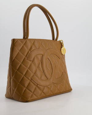 Chanel Vintage Medallion Tote in Caramel Brown Quilted Caviar Leather with Gold Hardware