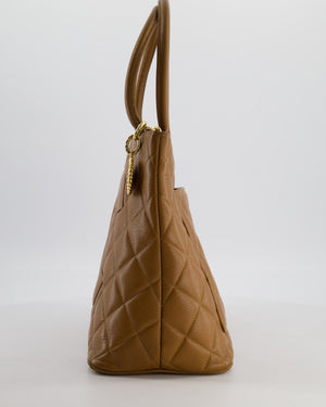 Chanel Vintage Medallion Tote in Caramel Brown Quilted Caviar Leather with Gold Hardware