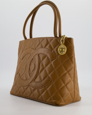 Chanel Vintage Medallion Tote in Caramel Brown Quilted Caviar Leather with Gold Hardware