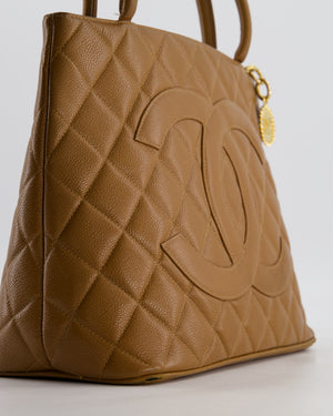 Chanel Vintage Medallion Tote in Caramel Brown Quilted Caviar Leather with Gold Hardware