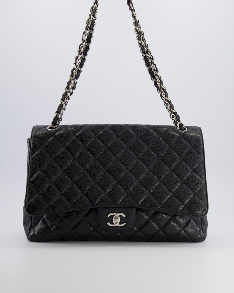 Chanel Black Maxi Classic Single Flap Bag in Caviar Leather with Silver Hardware