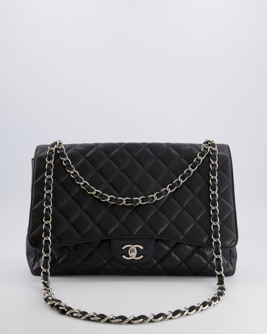 Chanel Black Maxi Classic Single Flap Bag in Caviar Leather with Silver Hardware