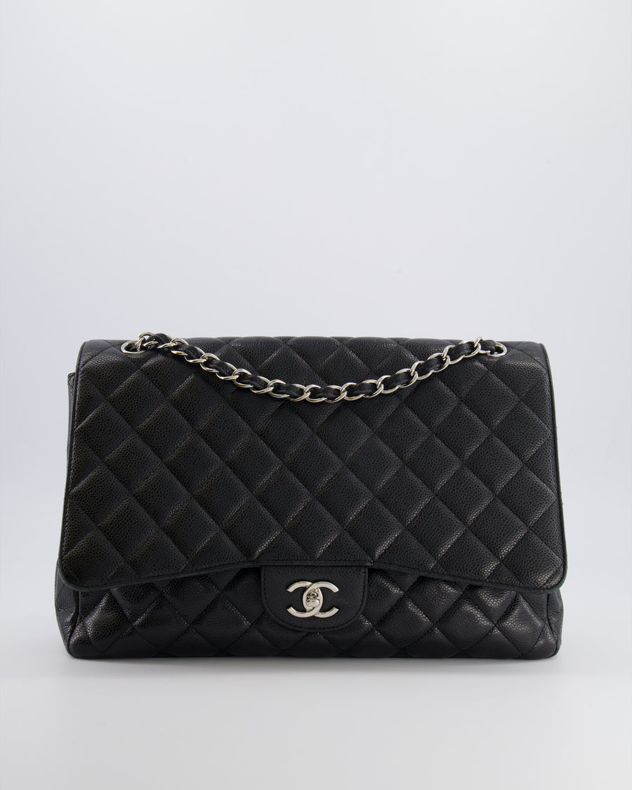 Chanel Black Maxi Classic Single Flap Bag in Caviar Leather with Silver Hardware