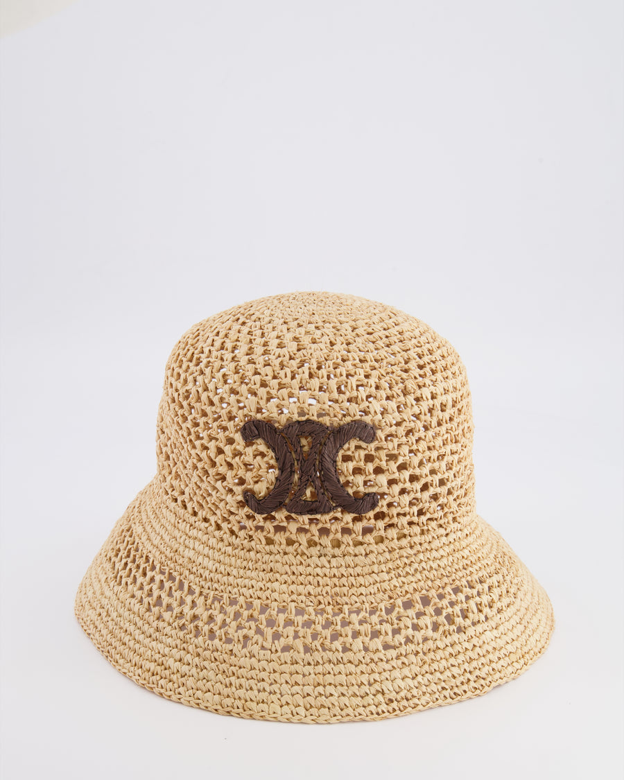 Celine Beige Raffia Triomphe Bucket Hat with Brown Logo Detail Size S RRP £595