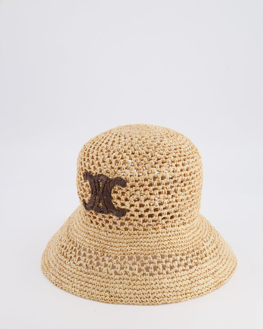 Celine Beige Raffia Triomphe Bucket Hat with Brown Logo Detail Size S RRP £595