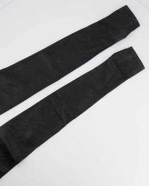 Chanel 18A Black Lambskin Leather Long Mitten Gloves with Aged Silver CC Logo Details Size 7