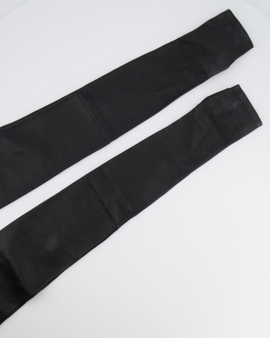 Chanel 18A Black Lambskin Leather Long Mitten Gloves with Aged Silver CC Logo Details Size 7