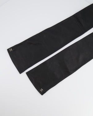 Chanel 18A Black Lambskin Leather Long Mitten Gloves with Aged Silver CC Logo Details Size 7