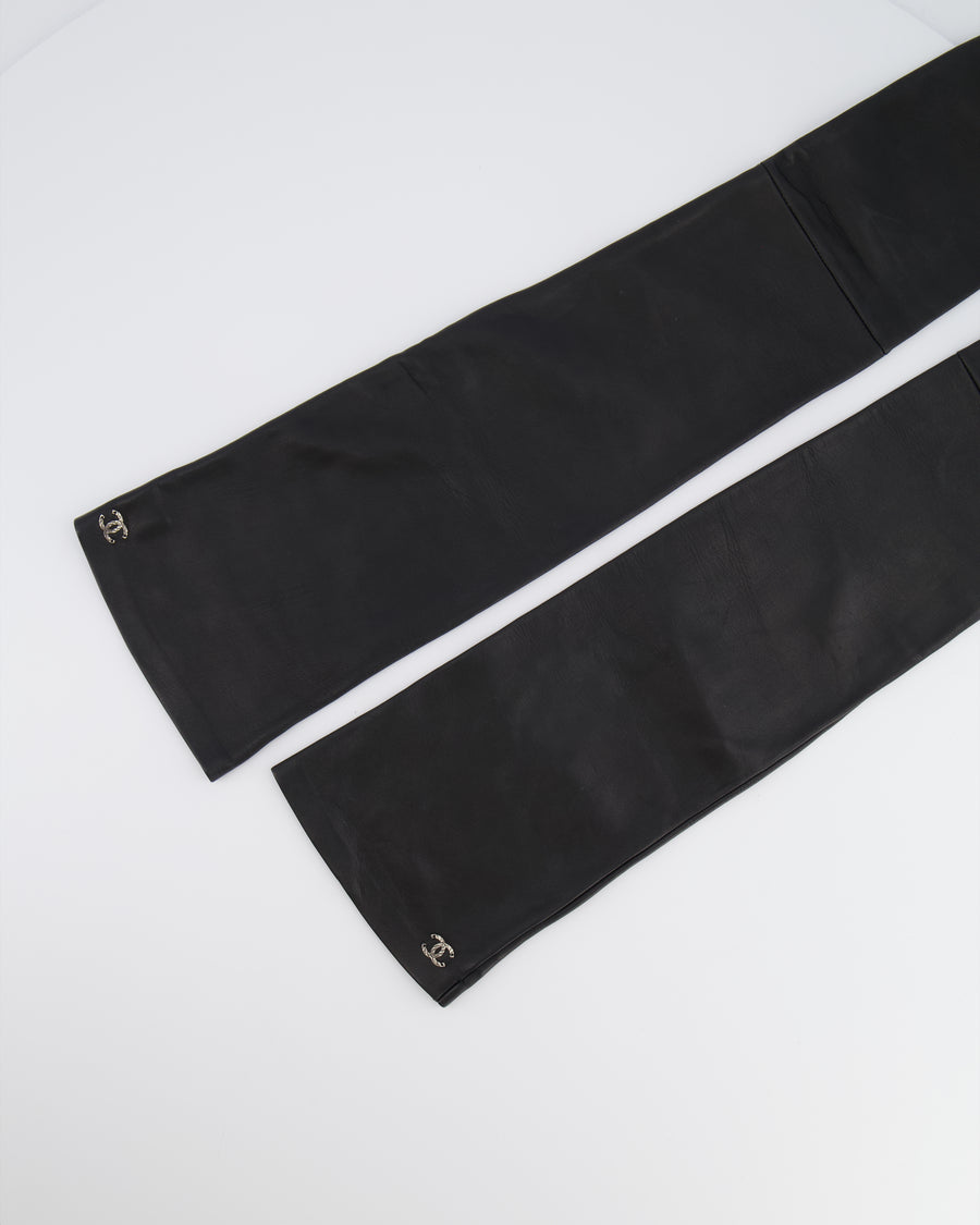 Chanel 18A Black Lambskin Leather Long Mitten Gloves with Aged Silver CC Logo Details Size 7