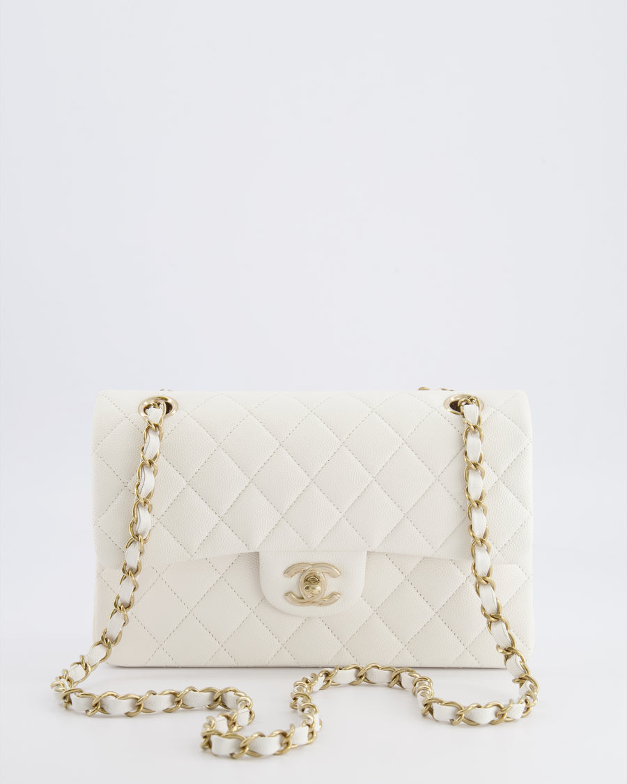 *HOT & RARE* Chanel White Small Classic Double Flap Bag in Caviar Leather with Champagne Gold Hardware