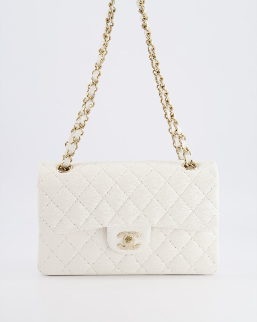 *HOT & RARE* Chanel White Small Classic Double Flap Bag in Caviar Leather with Champagne Gold Hardware