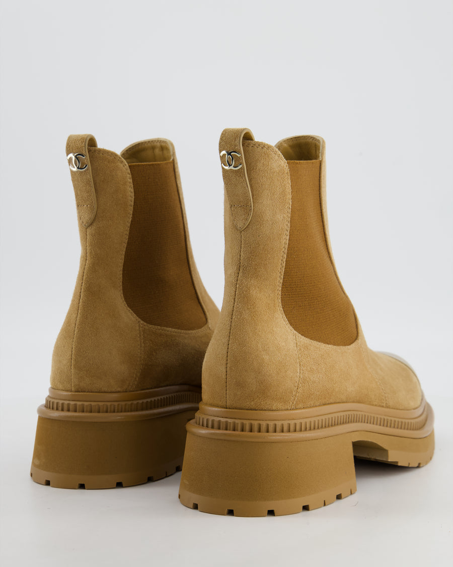 Chanel 21K Camel Brown Ankle Boots in Suede & Leather with Silver CC Size EU 39.5