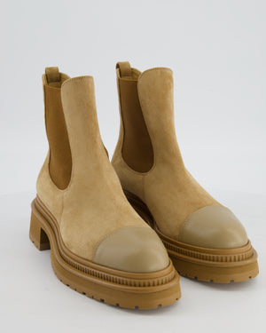 Chanel 21K Camel Brown Ankle Boots in Suede & Leather with Silver CC Size EU 39.5