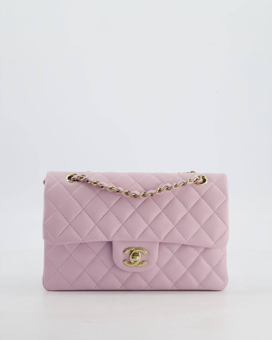 *HOT* Chanel Small Classic Double Flap Bag in Lilac Caviar Leather with Champagne Gold Hardware