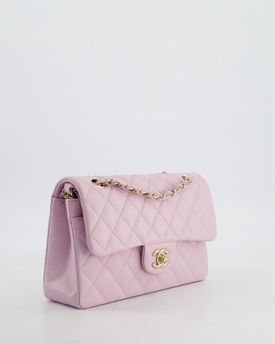 *HOT* Chanel Small Classic Double Flap Bag in Lilac Caviar Leather with Champagne Gold Hardware