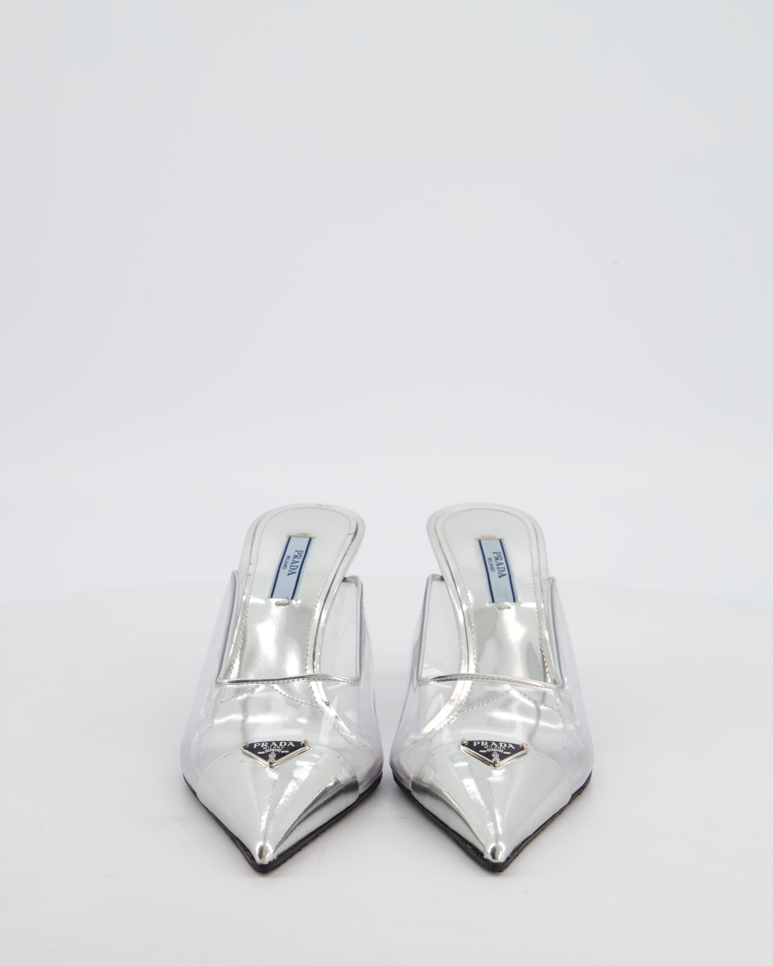 Prada Silver Modellerie Clear PVC Pointed Toe Heeled Mules with