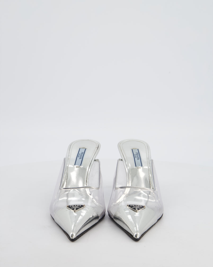 Prada Silver Modellerie Clear PVC Pointed Toe Heeled Mules with Logo Detail Size EU 36 RRP £910