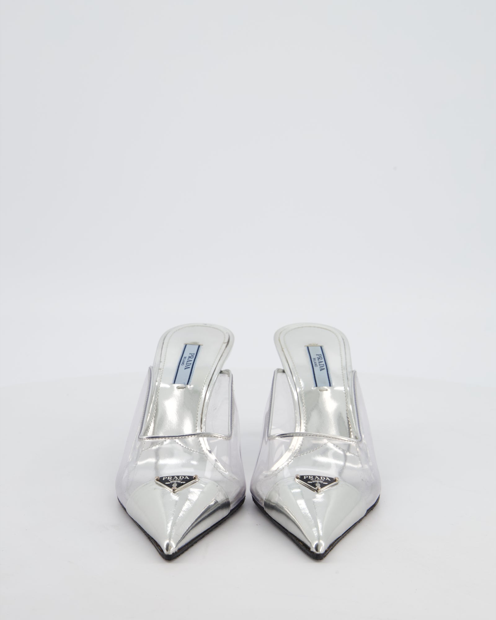 Prada Silver Modellerie Clear PVC Pointed Toe Heeled Mules with
