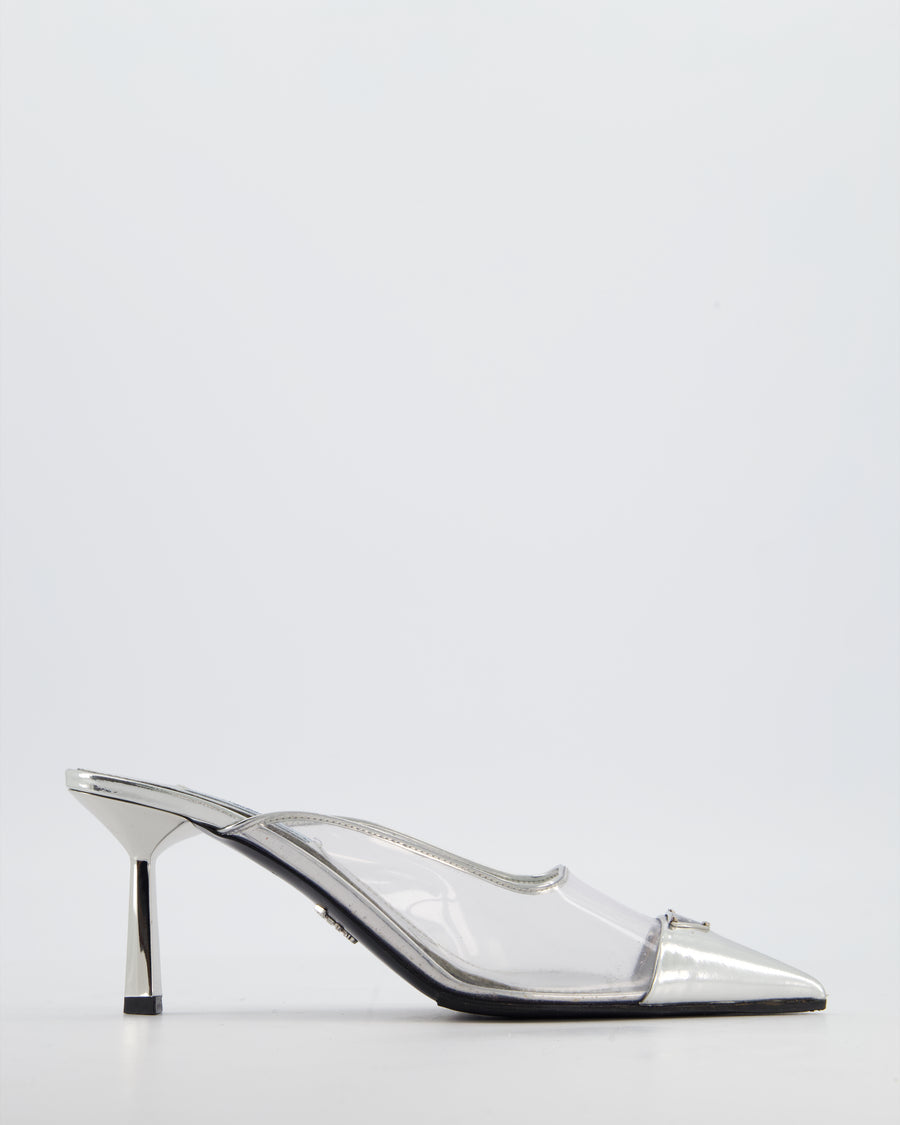 Prada Silver Modellerie Clear PVC Pointed Toe Heeled Mules with Logo Detail Size EU 36 RRP £910