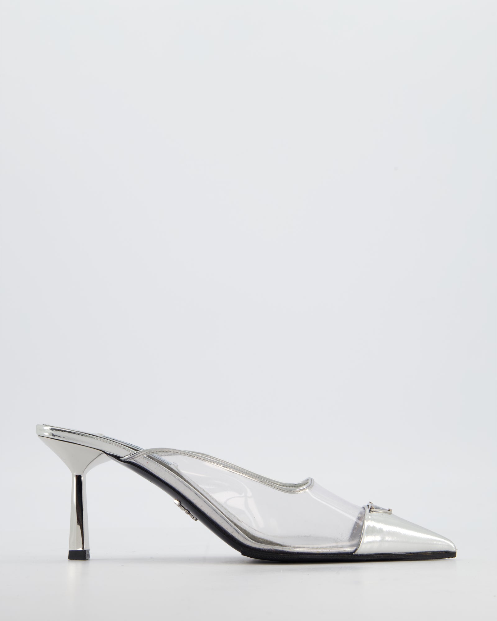 Prada Silver Modellerie Clear PVC Pointed Toe Heeled Mules with