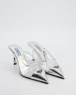 Prada Silver Modellerie Clear PVC Pointed Toe Heeled Mules with Logo Detail Size EU 36 RRP £910