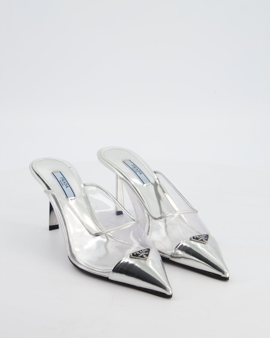 Prada Silver Modellerie Clear PVC Pointed Toe Heeled Mules with Logo Detail Size EU 36 RRP £910