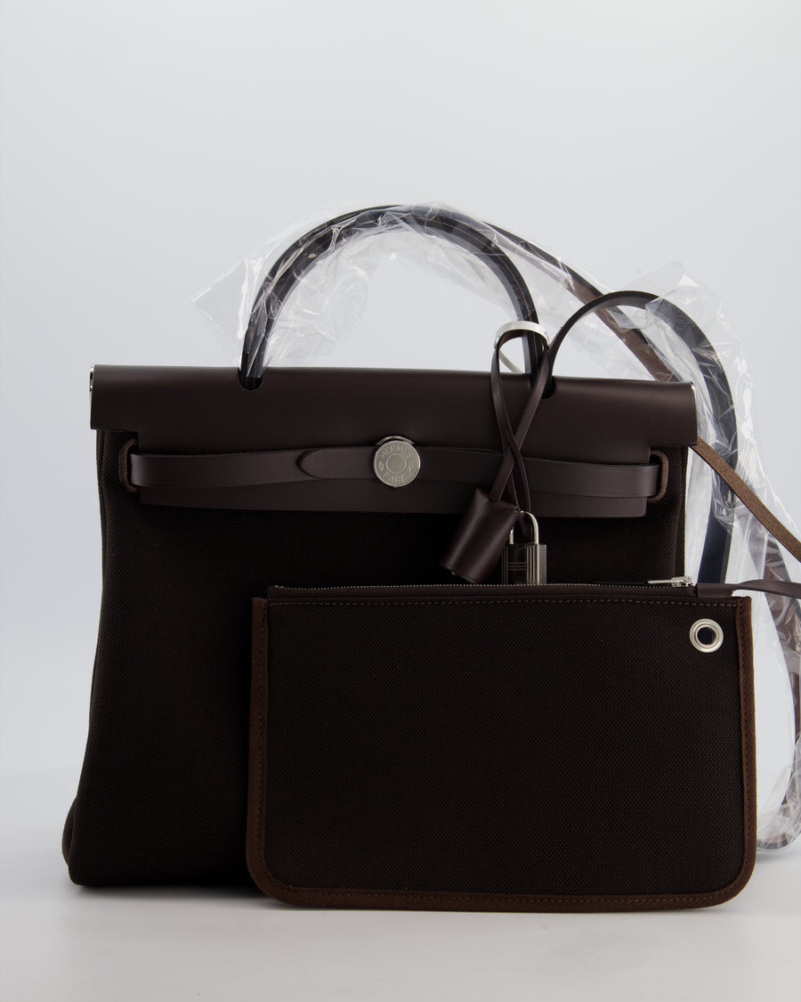 *HOT & RARE* Hermès Herbag 31 Zip Bag in Ebene Toile Militaire Canvas, Ebene Vache Hunter Leather with Palladium Hardware