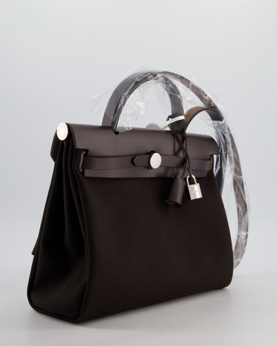 *HOT & RARE* Hermès Herbag 31 Zip Bag in Ebene Toile Militaire Canvas, Ebene Vache Hunter Leather with Palladium Hardware